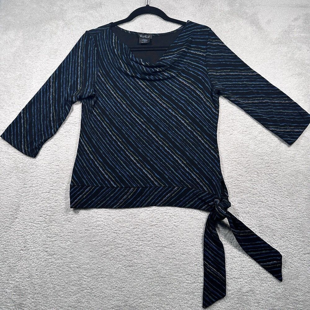 Vintage 90s West End Blouse Women M Black Striped Cowl Neck Side Tie Made in USA